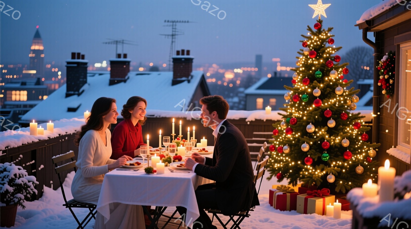 屋上テラスで夕食をとる男女が写っています。女性は白いセーターを着て髪を後ろにまとめているおり、微笑みながら男性を見つめています。男性は黒いスーツを着ており、テーブルの料理に手を伸ばしています。背景には - AI生成フリー素材