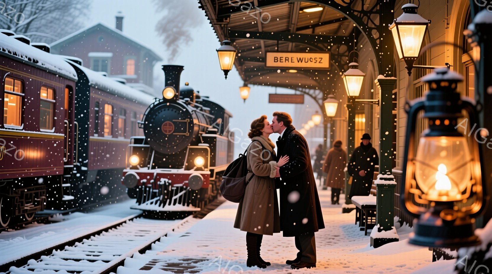 雪が降り積もるプラットフォームで、一対のカップルがキスをしています。女性は茶色のコート、黒いブーツ、赤い髪で、男性は黒いコートを着ています。背景には、蒸気機関車と、雪で覆われた古い駅舎が見え、温かくロ - AI生成フリー素材