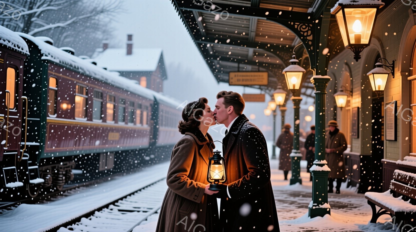 雪が降るプラットフォームで、一対の男女が情熱的にキスをしています。女性は赤いコートを着て髪を後ろにまとめ、男性は黒いコートと帽子をかぶっています。背景には蒸気機関車、プラットフォームのベンチ、そしてぼんやりとした他の人々が見え、全体的にロマンチックでノスタルジックな雰囲気が漂っています。