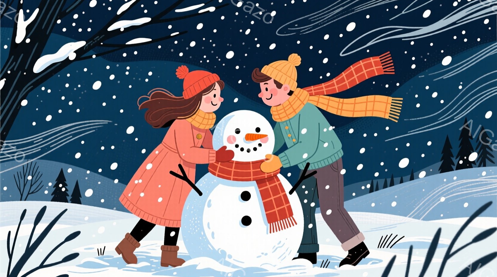 雪景色の中で、若い男女が雪だるまを作っている様子が描かれています。女性は赤いコートと帽子を着用し、茶色の髪は風になびいています。男性は緑色のセーターとオレンジ色のマフラーを巻いており、楽しそうに雪だる - AI生成フリー素材