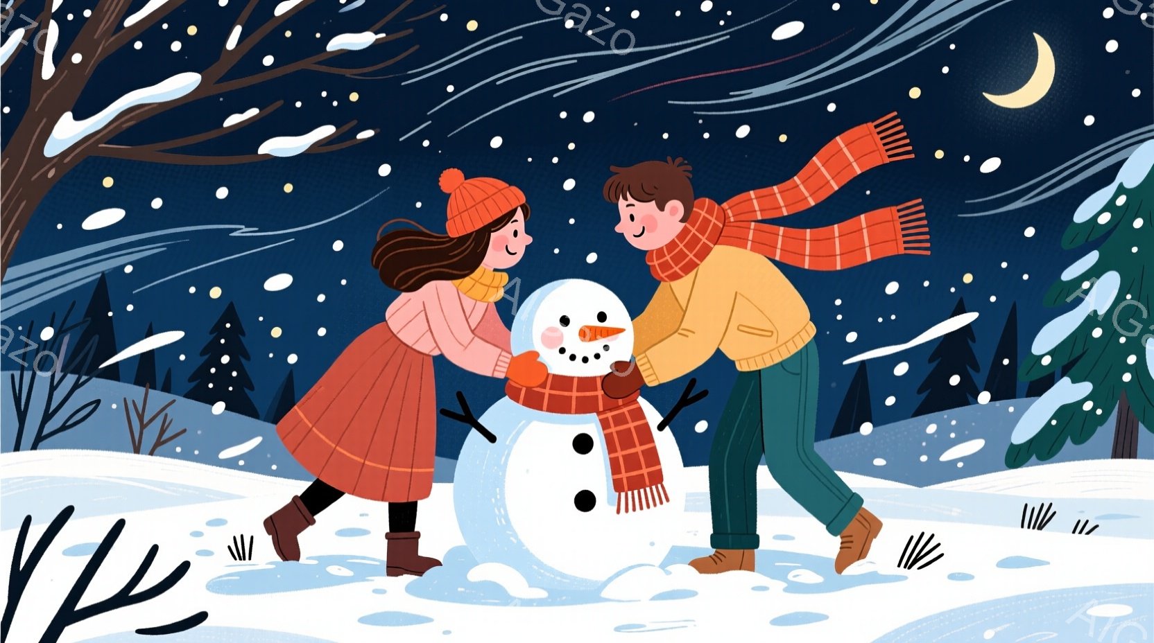 雪景色の中で、少女と少年が雪だるまを作っています。少女は赤いコートと帽子を身につけ、笑顔で雪だるまの腕を作っています。少年はオレンジ色のマフラーを巻き、青いズボンを履き、雪だるまの頭に枝を付けています - AI生成フリー素材