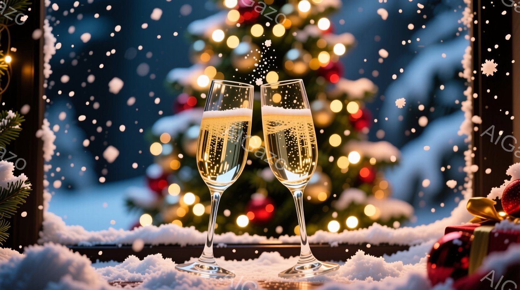 雪が舞う中、窓辺にシャンパングラスが二つ並べられ、グラスからは泡が弾け出しています。背景にはキラキラと輝くクリスマスツリーがぼんやりと見え、プレゼントの箱も飾られています。全体的に暖かく、お祝いムードに満ちた、冬の夜のロマンチックな雰囲気が漂っています。