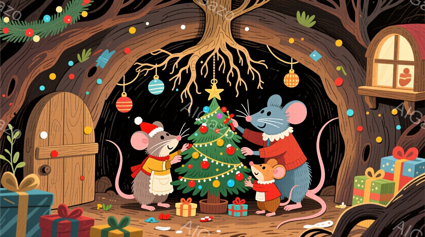クリスマスの飾り付けをする３匹のネズミが描かれています。一番大きなネズミはエプロンを身に着け、クリスマスツリーにオーナメントを飾っており、他の２匹のネズミはツリーの下でプレゼントや飾り付けの準備をして - AI生成フリー素材