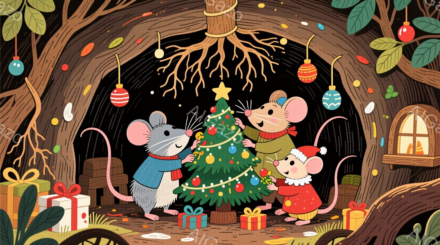 3匹のねずみがクリスマスツリーを飾り付けています。青いセーターを着たねずみ、赤いコートと帽子をかぶったねずみ、そしてセーターを着たねずみが、ツリーに飾りを結び付けたり、オーナメントを置いたりしています - AI生成フリー素材