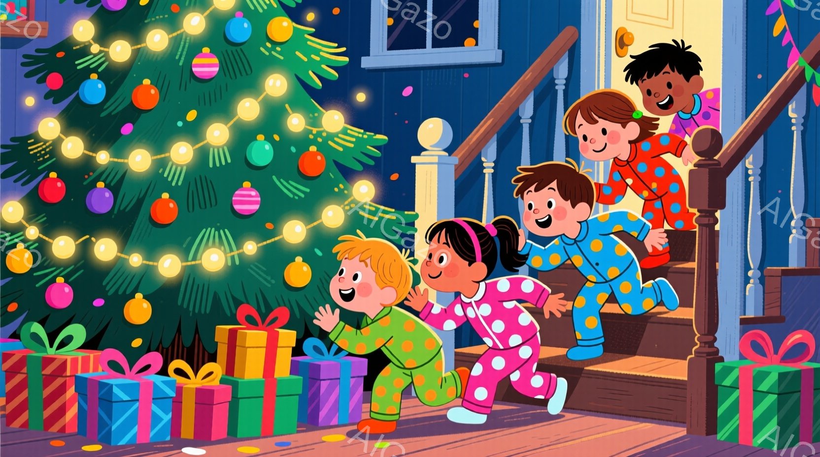 パジャマ姿の子供たちがクリスマスのプレゼントが積み上げられた階段を駆け上がっている。金髪の女の子は緑色のパジャマ、茶髪の女の子はピンク色のパジャマ、黒人の男の子は赤色のパジャマを着ており、皆笑顔で興奮 - AI生成フリー素材