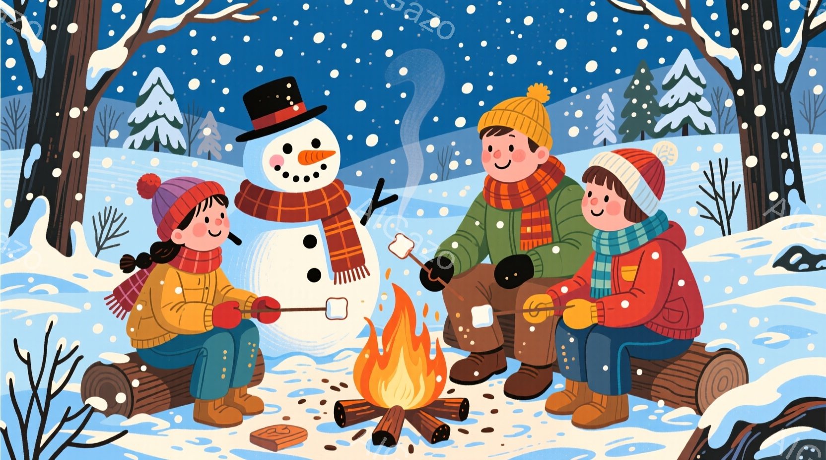 雪景色の中で、暖炉を囲んでマシュマロを焼く子供たちが描かれています。赤い帽子と黄色のジャケットを着た女の子、緑のセーターを着た男の子、そしてもう一人の女の子が楽しそうに座っており、皆笑顔で冬のひとときを満喫しています。背景には雪に覆われた木々と雪だるまがあり、暖炉の火が温かい雰囲気を醸し出しています。