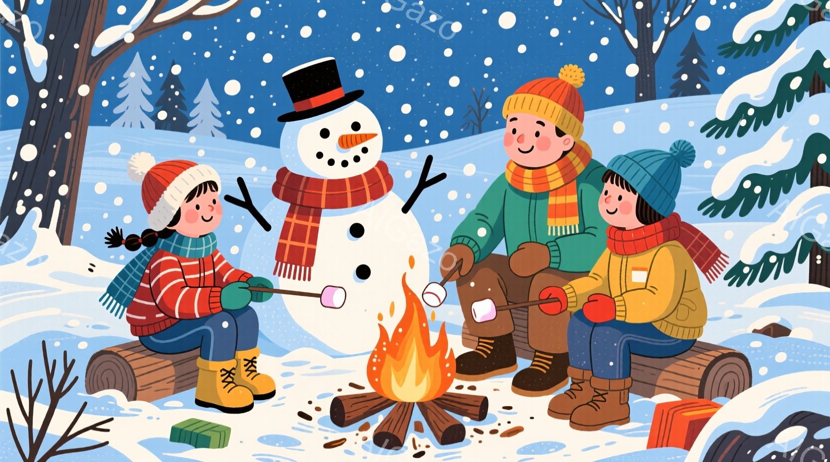 雪景色の中で、暖かい焚き火を囲んでマシュマロを焼いている家族のイラストです。子供たちは赤いニット帽とマフラーを身に着け、笑顔で焚き火を見つめています。背景には雪に覆われた木々と雪が舞う冬の風景が広がっており、全体的に温かく、幸せな雰囲気が漂っています。