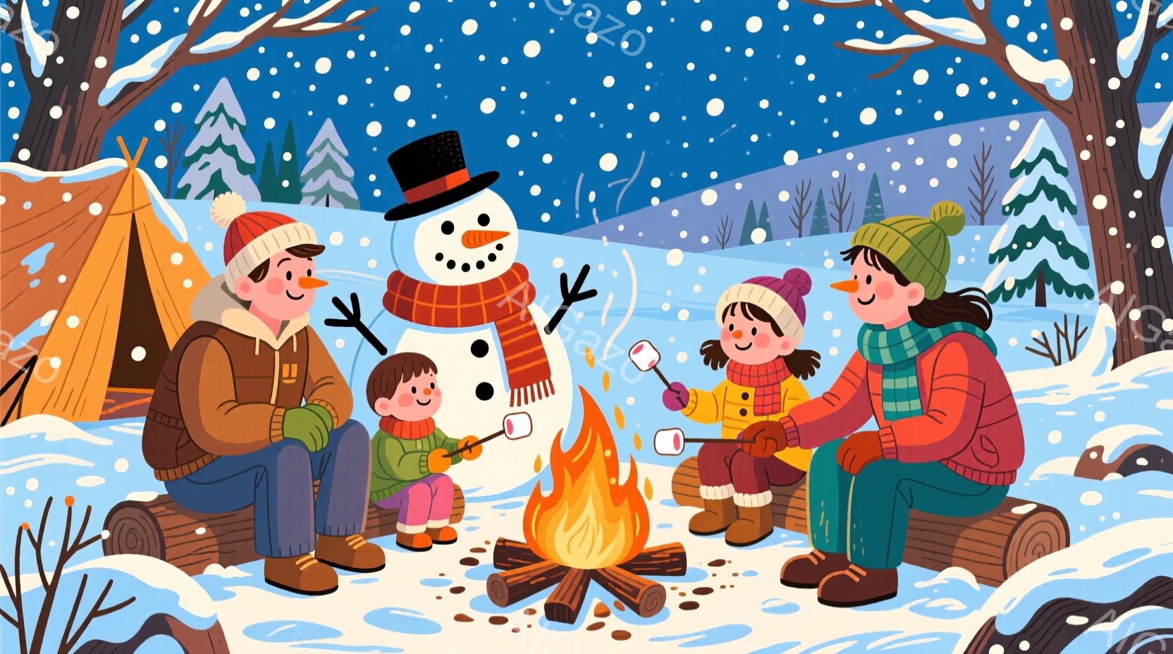 雪景色の中で、家族がキャンプファイヤーを楽しんでいる様子が描かれています。父は赤い帽子を被り、母は緑のセーターを着ており、それぞれ笑顔でマシュマロを焼いています。背景には雪の積もった木々やテント、そして顔のついた雪だるまがおり、暖かく、楽しい冬の雰囲気が伝わってきます。