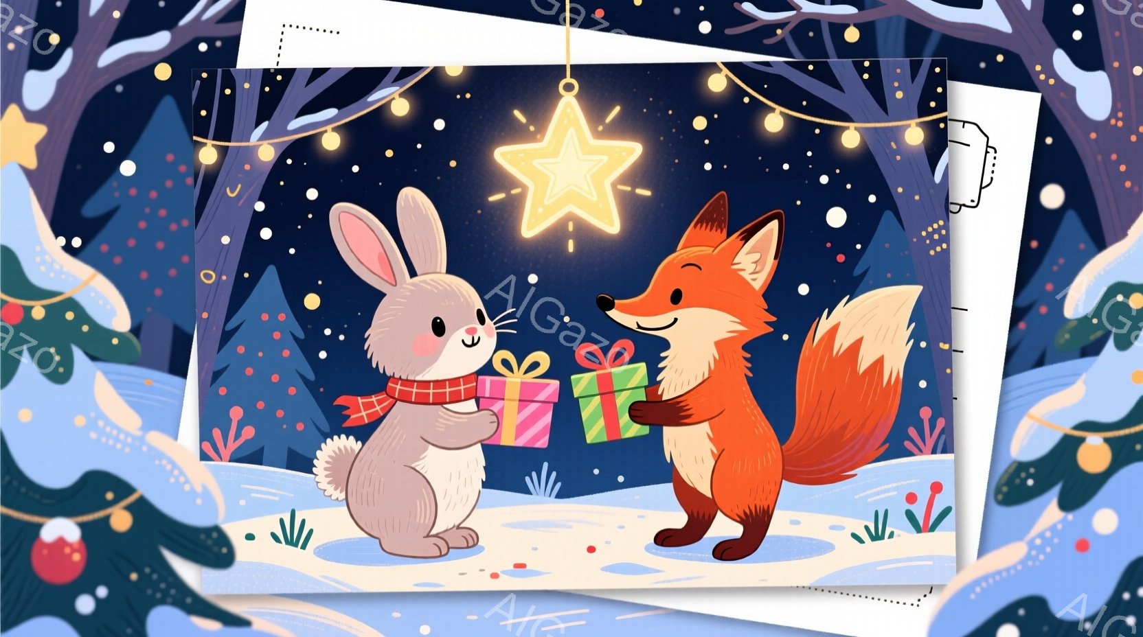 雪景色の中に、白いウサギとオレンジ色のキツネがプレゼントを交換しています。ウサギは赤いマフラーを巻き、キツネはプレゼントを両手で抱え、互いに笑顔で接しています。背景には針葉樹林と、星形の光が輝く夜空が - AI生成フリー素材