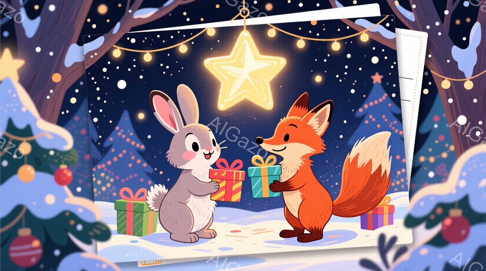 サンタクロースが暖炉の前で本を読み聞かせており、数匹のキツネが興味津々に見守っています。サンタは赤い衣装に白いひげ、優しい表情をしており、キツネたちはそれぞれ異なるポーズでリラックスした様子です。背景 - AI生成フリー素材