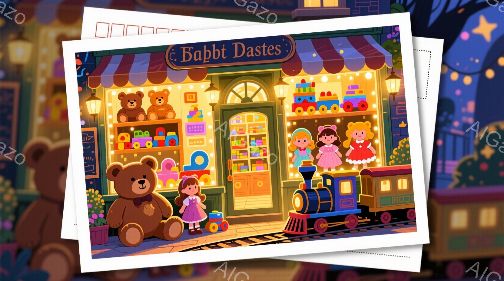 おもちゃ屋のショーウィンドウには、様々な玩具が所狭しと並べられています。可愛らしいドレスを着た人形や、たくさんのテディベア、そしてカラフルな列車が、子供たちの心をくすぐるような、温かく、楽しい雰囲気を醸し出しています。背景には、可愛らしい建物が並び、お祭りかイベントのような賑やかな様子が伺えます。