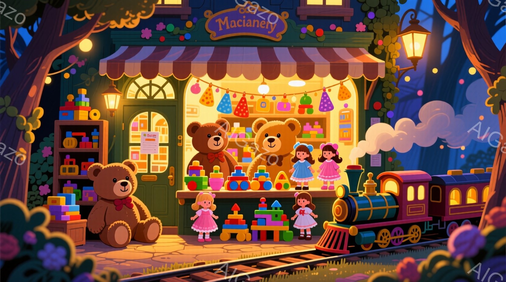 カラフルな玩具店が描かれており、窓にはテディベアや人形が並べられています。店は明るい色彩で飾られ、外にはおもちゃの汽車が線路の上を走っており、全体的に温かく楽しい雰囲気が漂っています。背景には木々や花が咲き乱れ、おとぎ話のような夢のある世界観が表現されています。