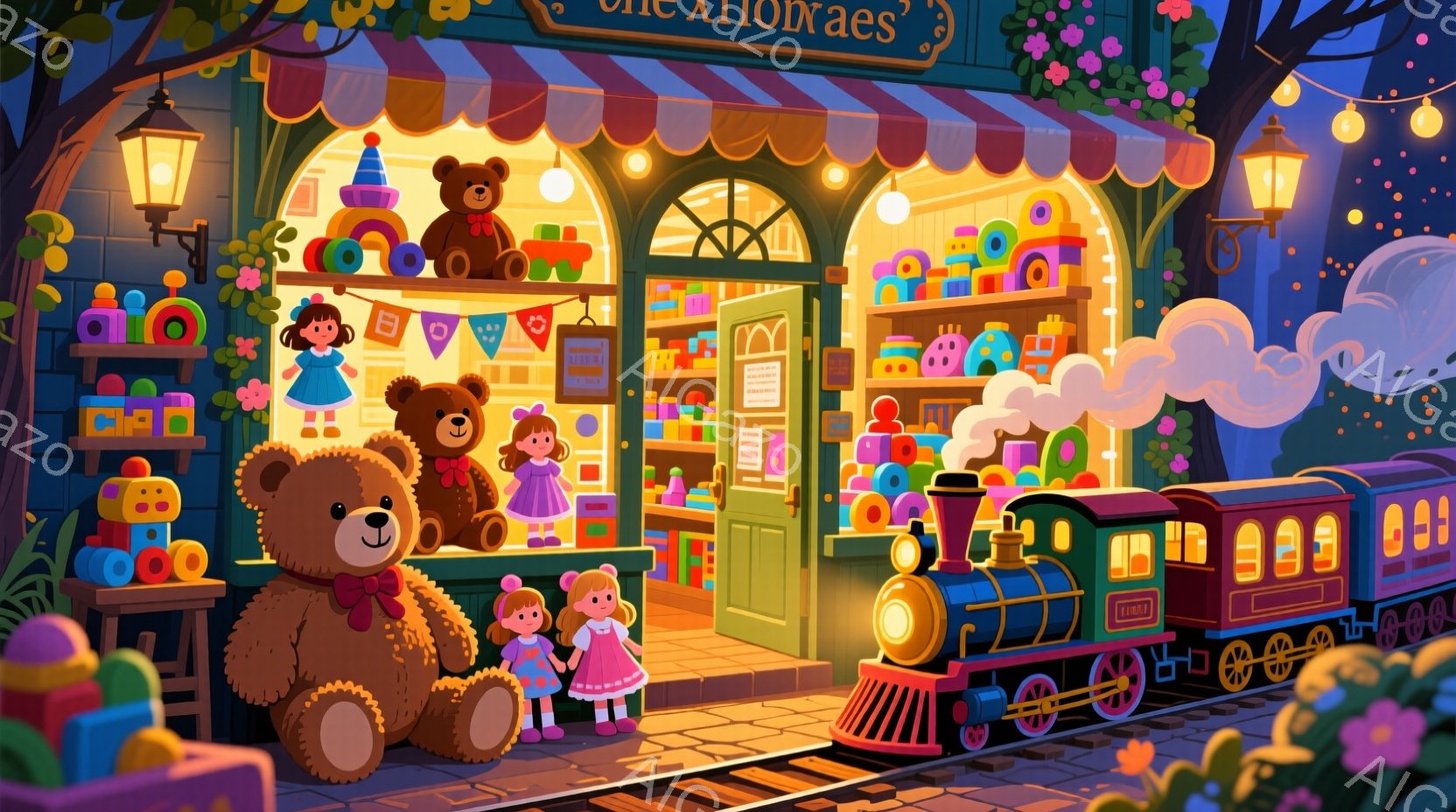おもちゃ屋が賑やかに描かれており、正面には大きなテディベアが置かれ、店内には様々なぬいぐるみや木製のおもちゃが並んでいます。背景には蒸気機関車が線路の上を走っており、夜空には星空が広がり、おもちゃ屋の温かい光が周辺を照らしています。全体的に暖かく、夢のような雰囲気が漂っています。