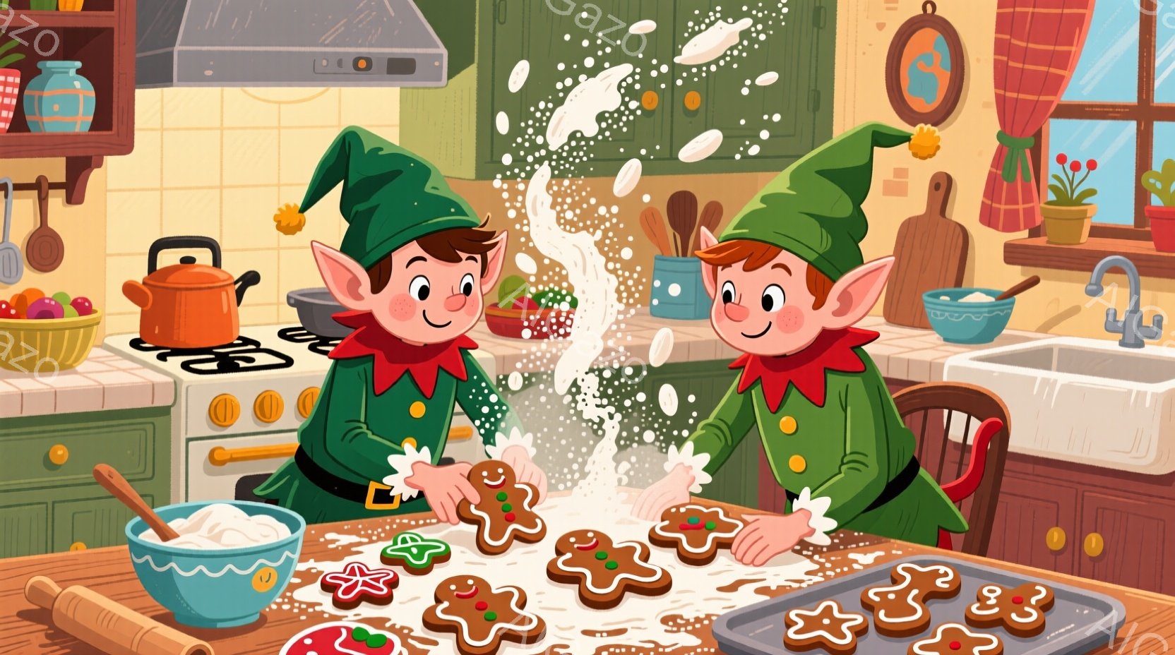 暖炉のあるキッチンで、緑色の帽子と服を着た双子のエルフがジンジャーブレッドクッキーを作っています。彼らは粉砂糖をクッキーに振りかけ、笑顔で楽しんでいるようです。背景には、調理器具や植物が飾られた暖かく居心地の良いキッチンがあり、クリスマスの雰囲気を感じさせます。