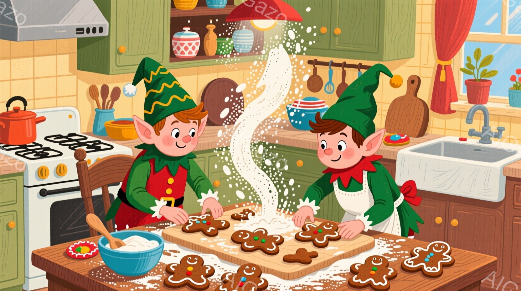 緑の帽子と赤い服を着た二人のエルフが描かれています。彼らは小麦粉をまき散らしながら、ジンジャーブレッドクッキーをアイシングで飾っています。背景には、可愛らしいキッチンと窓から見える植物があり、全体的に暖かく、お祝いムードに満ちています。