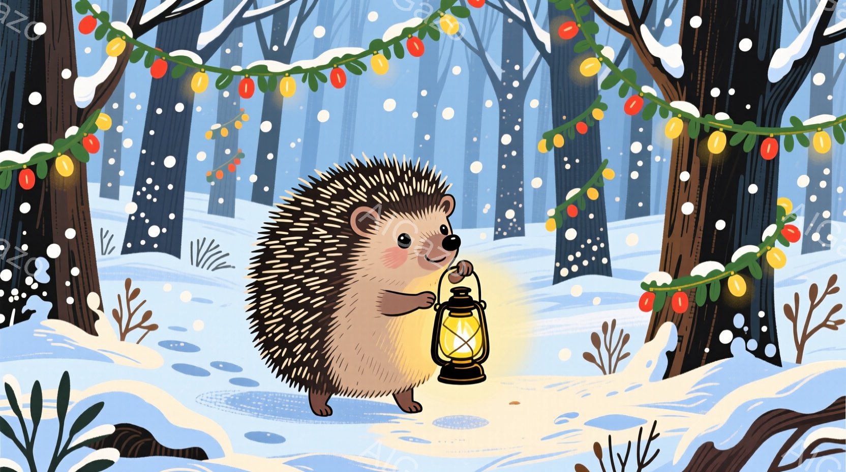 雪が降る森の中で、ハリネズミが提灯を持って歩いている。提灯は温かい光を放ち、雪景色の中で明るく輝いている。背景には木々が立ち並び、雪で覆われた地面にはハリネズミの足跡が残っている。 - AI生成フリー素材