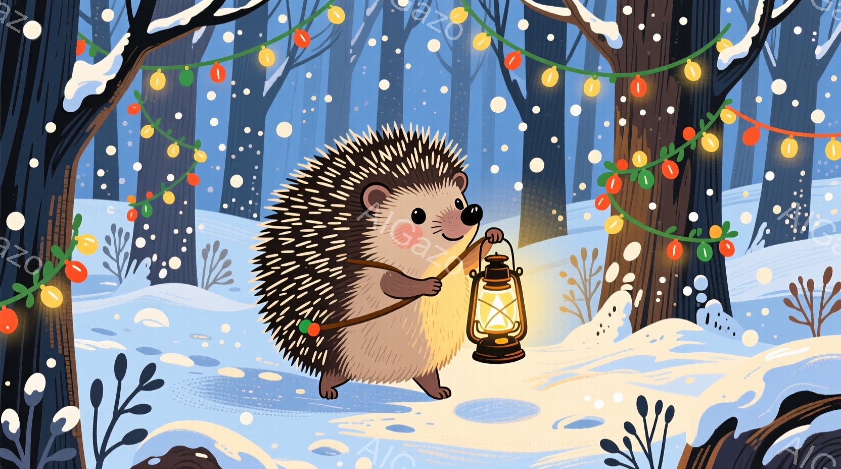 雪景色の中、小さなハリネズミが提灯を持って歩いています。ハリネズミは丸くて可愛らしく、少し微笑んでいる表情をしています。背景には雪に覆われた木々と、カラフルな電飾が輝き、暖かく幻想的な雰囲気を醸し出しています。