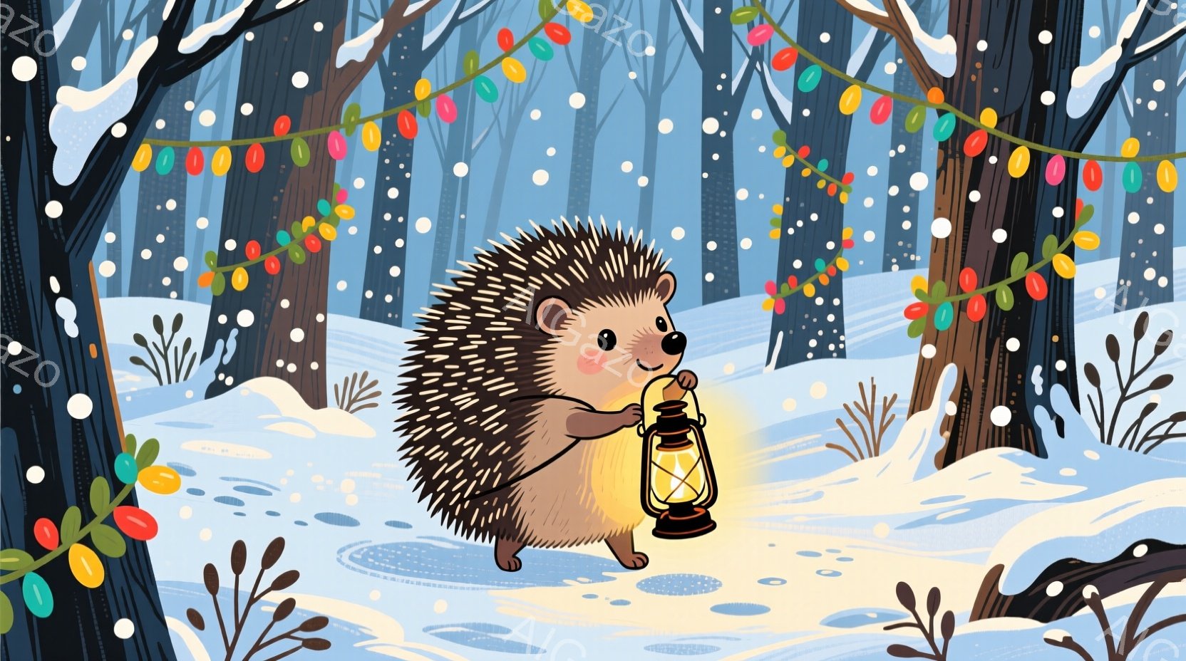 雪が降る森の中、かわいらしいハリネズミがランタンを持って歩いています。ハリネズミは茶色い体毛で覆われ、丸い目と愛らしい表情をしています。背景には雪に覆われた木々と、色とりどりの電飾が飾られ、温かく幻想 - AI生成フリー素材