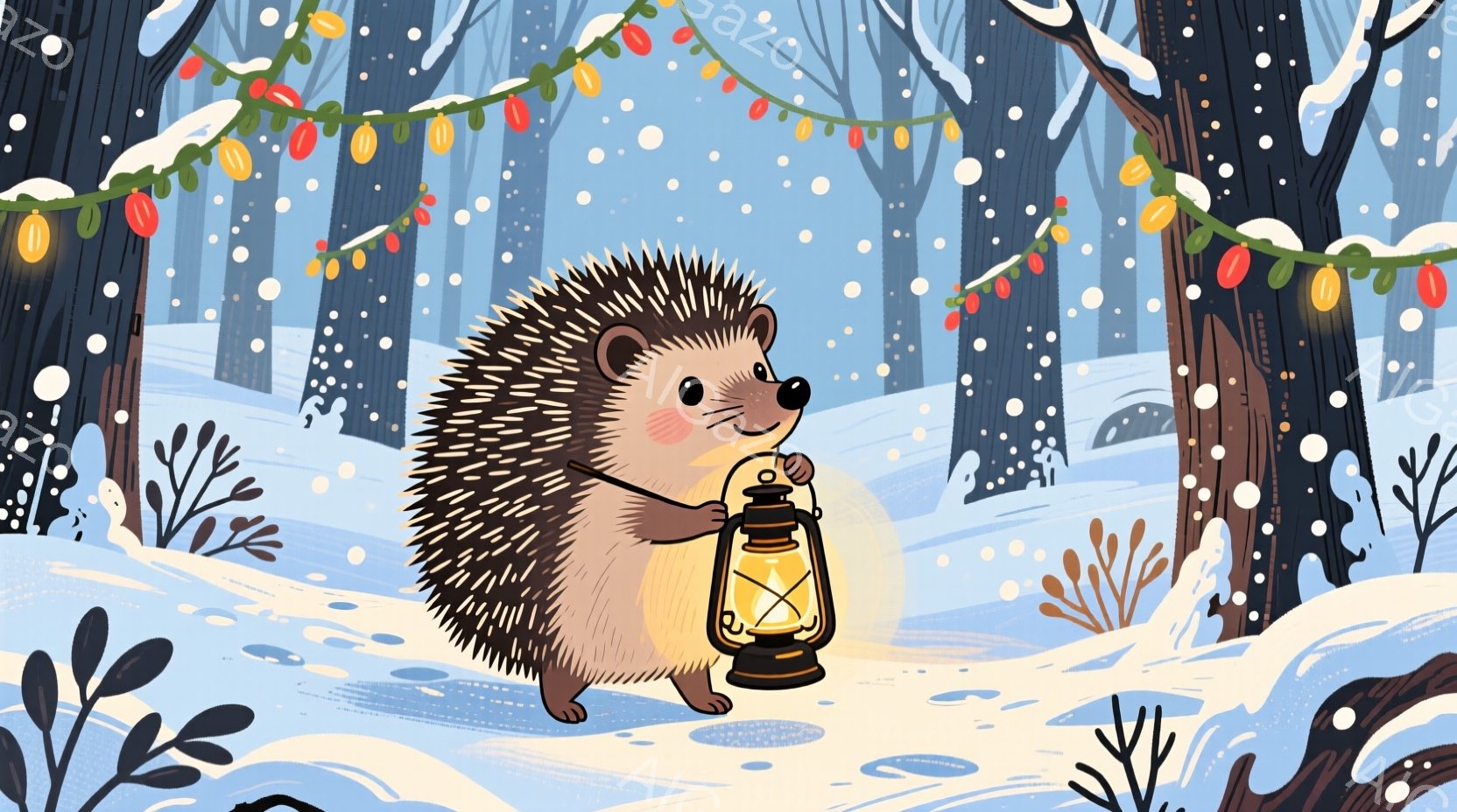 雪景色の中、丸いシルエットのハリネズミが描かれています。ハリネズミは片手に提灯を持ち、嬉しそうな表情で雪の中を歩いています。背景には雪に覆われた木々が立ち並び、頭上にはカラフルな電飾が飾られ、暖かく幻想的な雰囲気を醸し出しています。