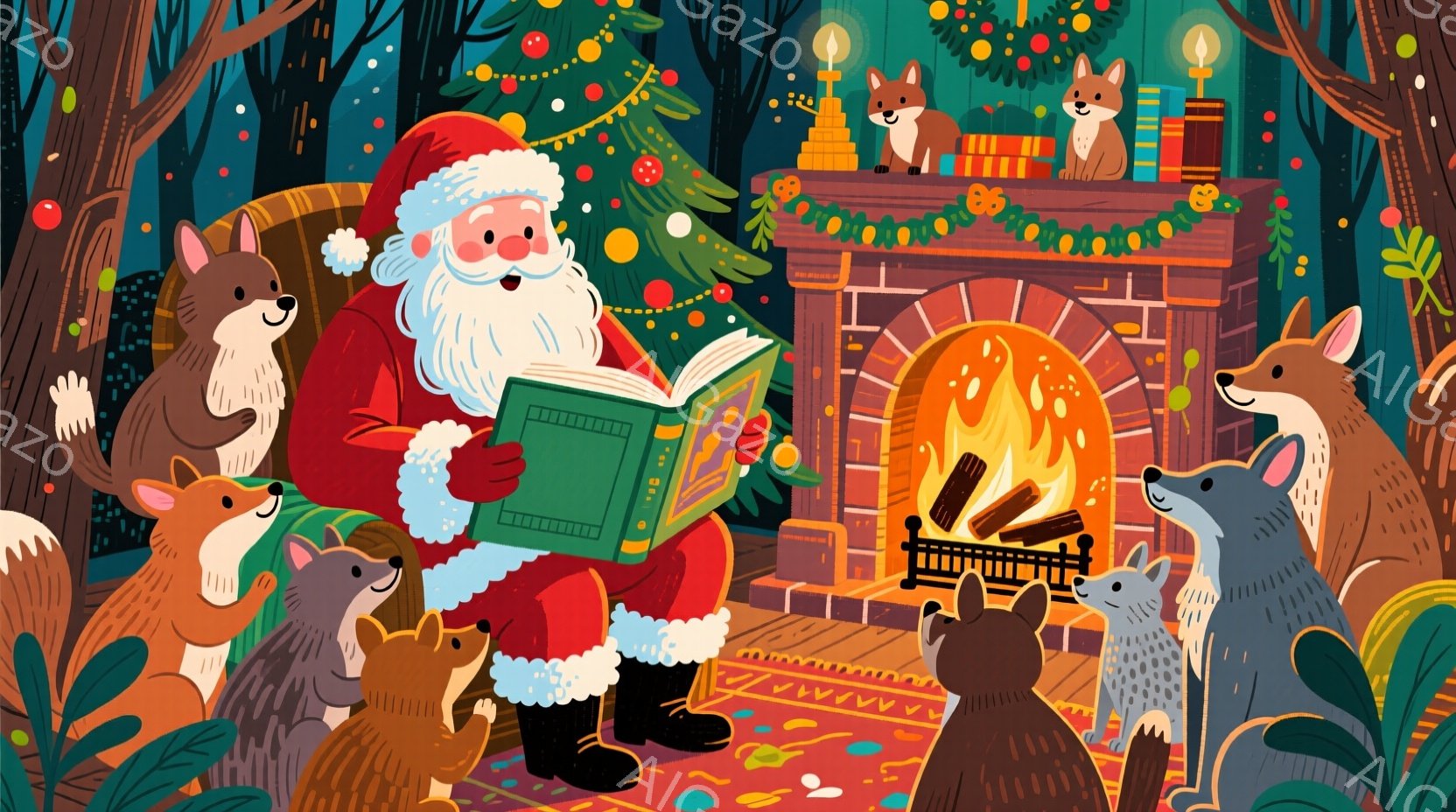 サンタクロースが暖炉の前で本を読み聞かせており、周りには様々な種類のキツネたちが興味津々に見入っています。サンタは赤い衣装に白い髭と髪を持ち、笑顔で本に集中しています。背景にはクリスマスツリーの飾りや本棚、暖炉の炎、そして緑豊かな自然が描かれ、温かく穏やかなクリスマスの雰囲気を醸し出しています。
