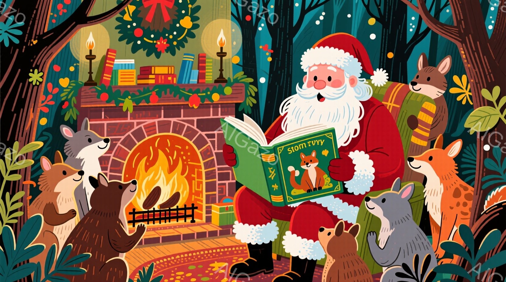 暖炉の前でサンタクロースが本を読み聞かせているイラストです。サンタクロースは赤い衣装に白いひげを生やし、優しい笑顔を浮かべています。周りにはリスやキツネなどの動物たちが集まり、暖炉の温かい光に照らされ - AI生成フリー素材