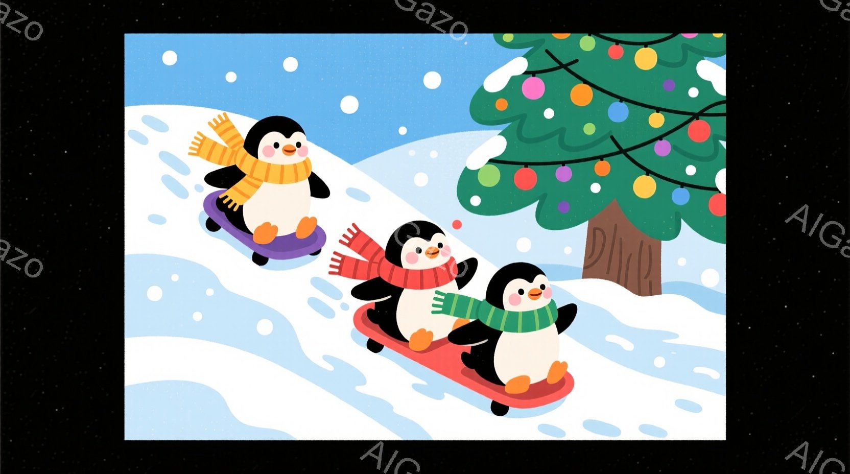 雪の斜面を3匹のペンギンがソリに乗って滑り降りているイラストです。ペンギンたちはそれぞれ赤いマフラーを巻いており、楽しそうな表情をしています。背景にはクリスマスツリーが飾られ、雪が降っていることから、冬の楽しい雰囲気が伝わってきます。