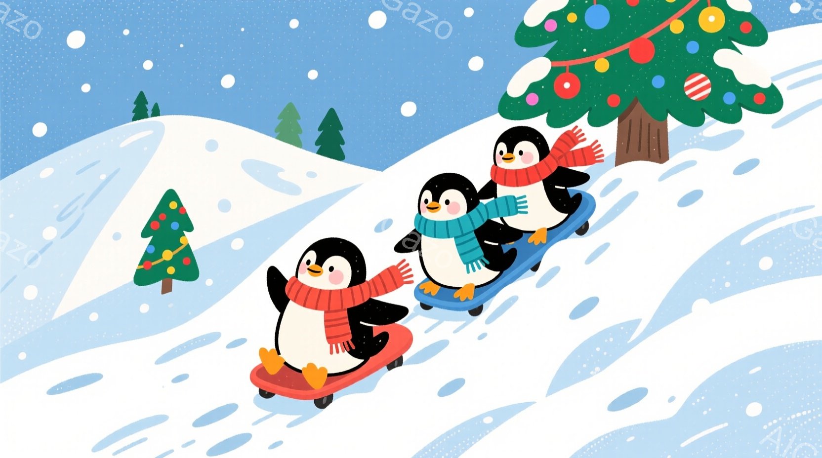 雪景色の中で、赤いスカーフを巻いたペンギンたちがソリに乗って楽しんでいます。ペンギンたちは笑顔で、それぞれ青色と赤色のソリに乗り、雪の斜面を滑り降りています。背景にはクリスマスツリーが飾られた建物と、 - AI生成フリー素材