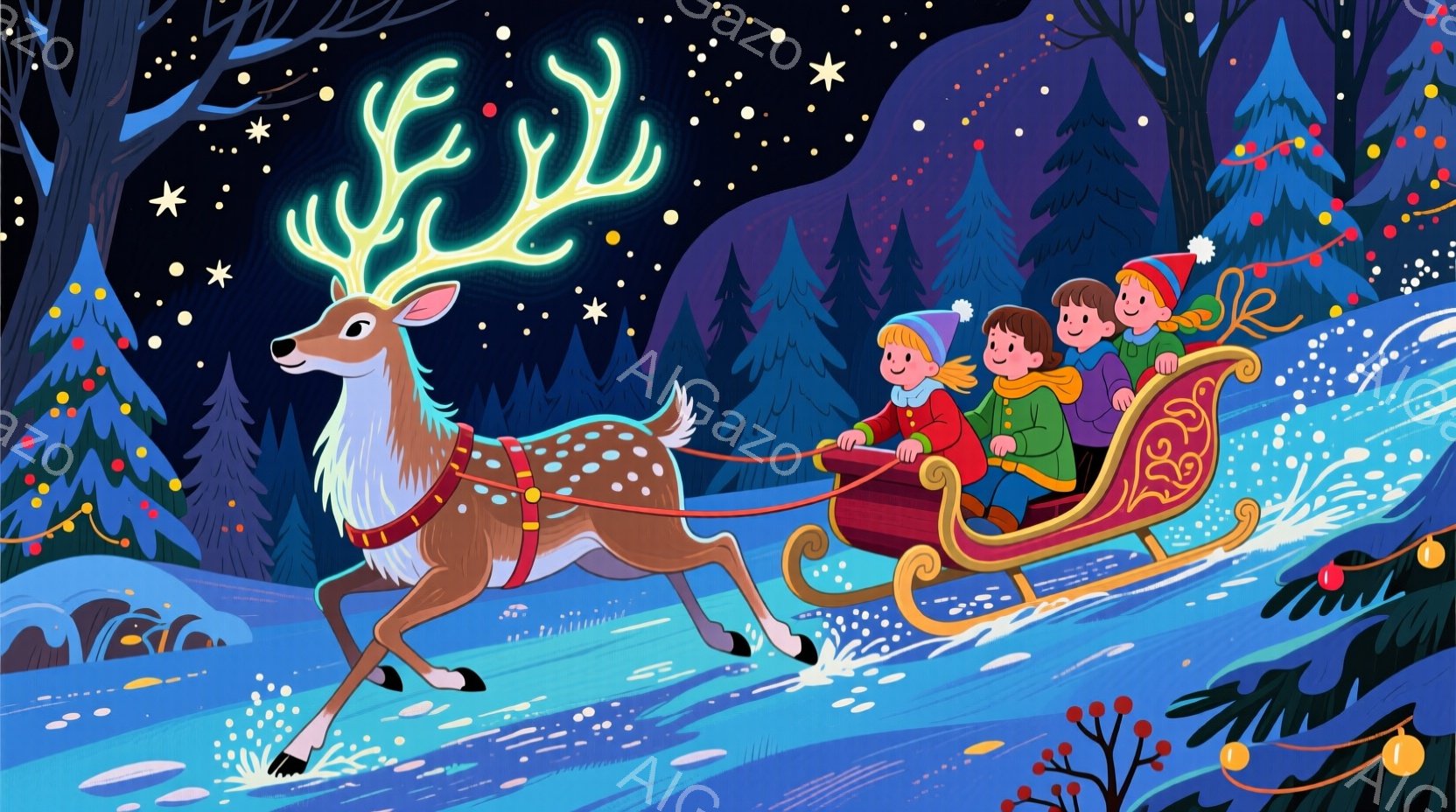 そりは、茶色のトナカイに引かれ、雪の上を疾走している。 そりの中には、緑、赤、青の帽子をかぶった３人の子供たちが座っており、笑顔で楽しんでいる様子が伺える。 背景は暗い青色の夜空と雪に覆われた森林で、 - AI生成フリー素材