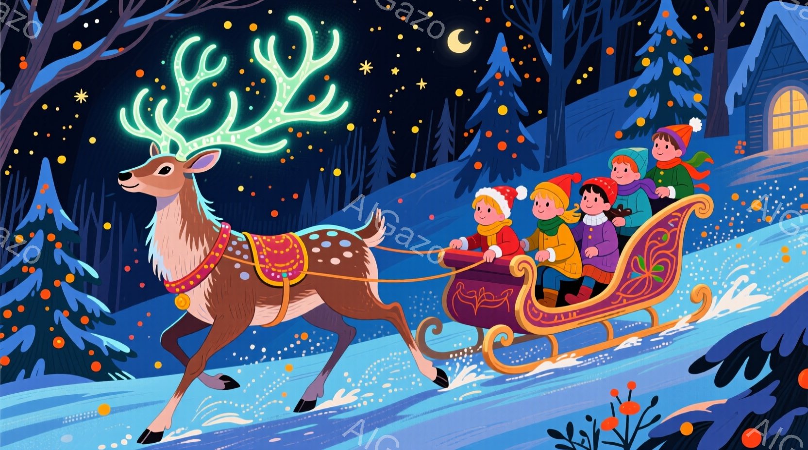 夜の雪景色の中で、トナカイがそりを引いて走っているイラストです。そりの中には、帽子をかぶった子供たちが座っており、皆楽しそうな表情をしています。背景には雪に覆われた木々や家々が見え、星空が広がり、幻想 - AI生成フリー素材