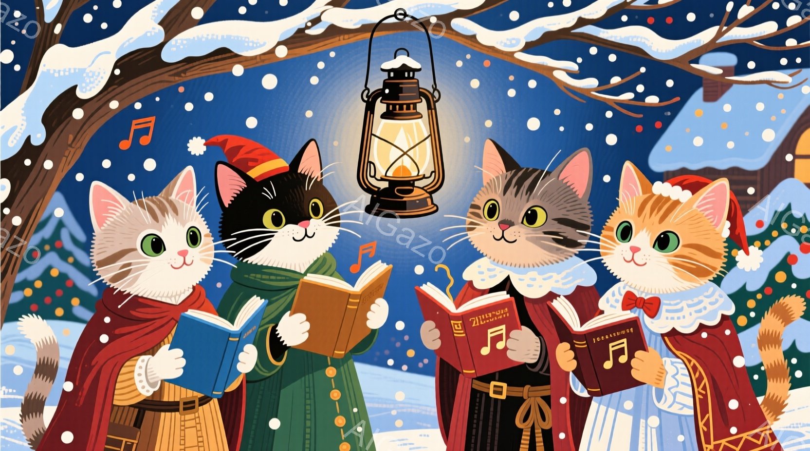 雪の中で歌う3匹の猫が描かれています。それぞれの猫は赤いサンタ帽をかぶり、マントと蝶ネクタイで装飾され、楽譜を開いて楽しそうに歌っています。背景には雪が降り積もり、木々が描かれ、上空には光を放つランタンが吊るされており、暖かく幻想的な冬の雰囲気を醸し出しています。