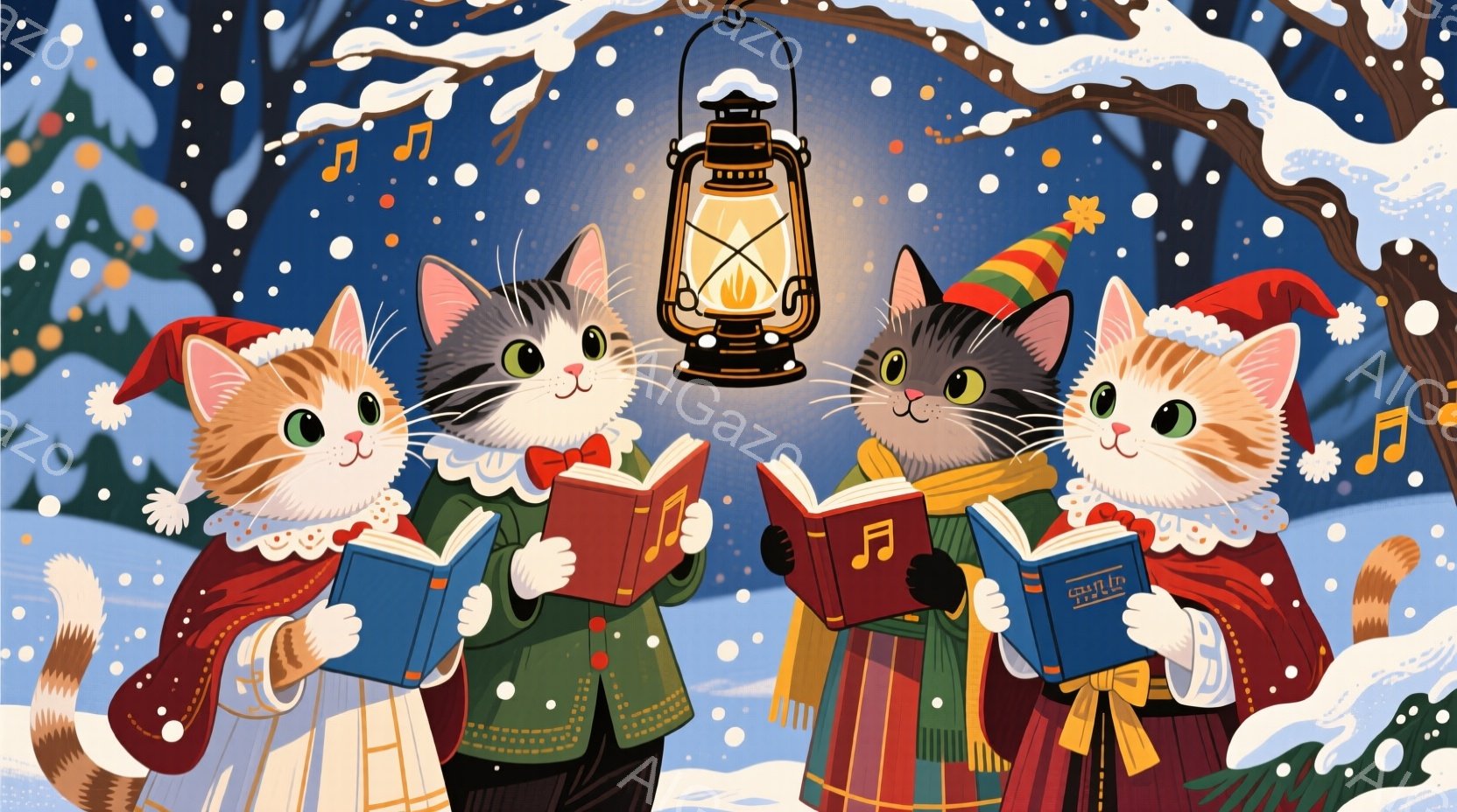クリスマスのキャロルを歌う猫たちが描かれています。猫たちはそれぞれ赤い、緑、そしてチェック柄の暖かい冬服を着ており、楽しげに歌いながら楽譜を見ています。背景には雪が降り積もる森と、点灯したランタンがあ - AI生成フリー素材
