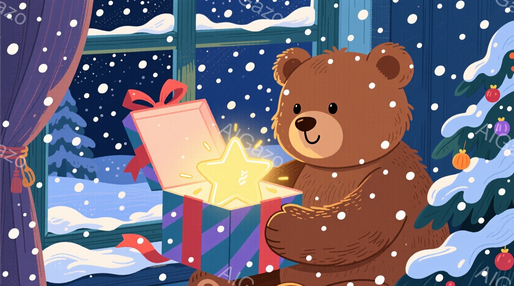 暖炉のそばの窓辺に、茶色のテディベアが座り、開いたプレゼントの箱を見つめています。箱の中には輝く星形の光があり、テディベアは嬉しそうな表情でそれを見つめています。背景には、雪が降る夜の風景と、飾られた - AI生成フリー素材