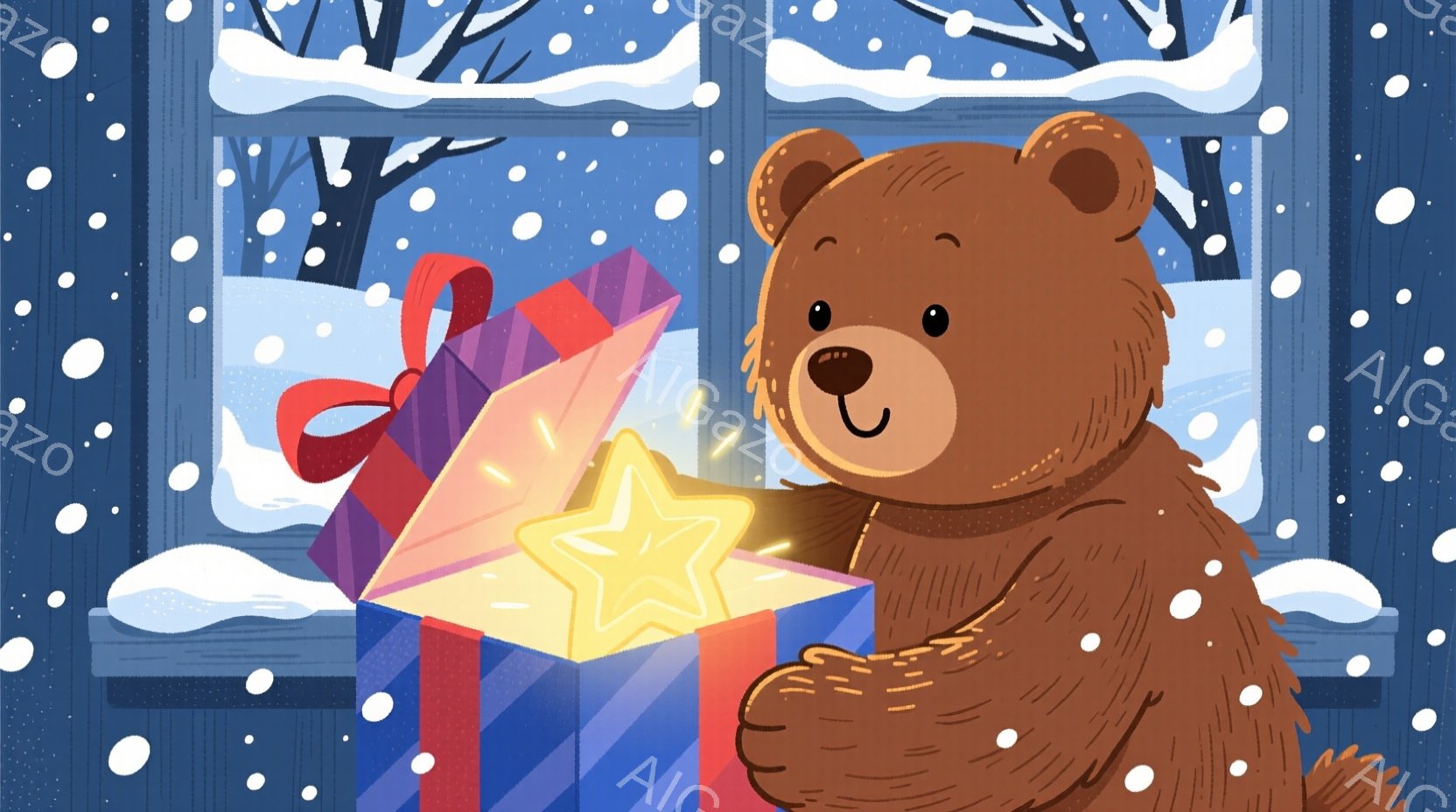 茶色のクマが青いリボンが付いたプレゼントの箱を開けています。箱の中には光り輝く星が浮かんでおり、クマは嬉しそうな表情でその光を見つめています。背景は雪景色で、窓の外には雪に覆われた木々が見え、全体的に - AI生成フリー素材