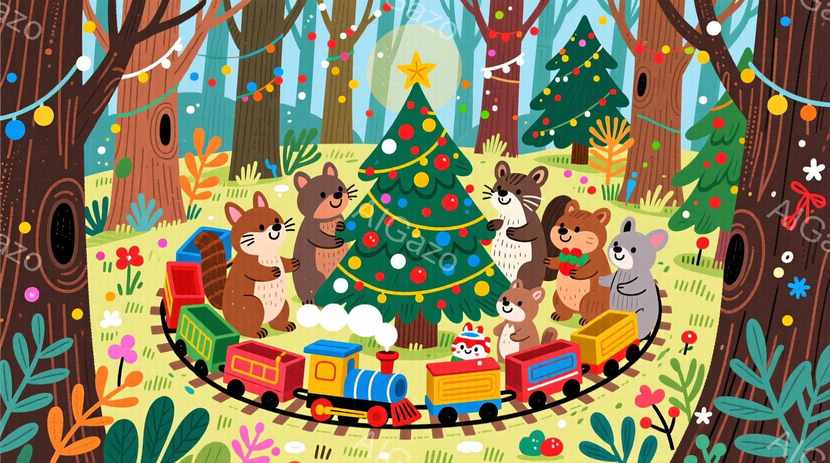 クリスマスツリーを中心に、動物たちが電車で輪になって楽しんでいます。動物たちはそれぞれ可愛らしい服装をしており、笑顔でハッピーな表情をしています。背景にはカラフルな木々や植物が描かれ、全体的に暖かく、 - AI生成フリー素材