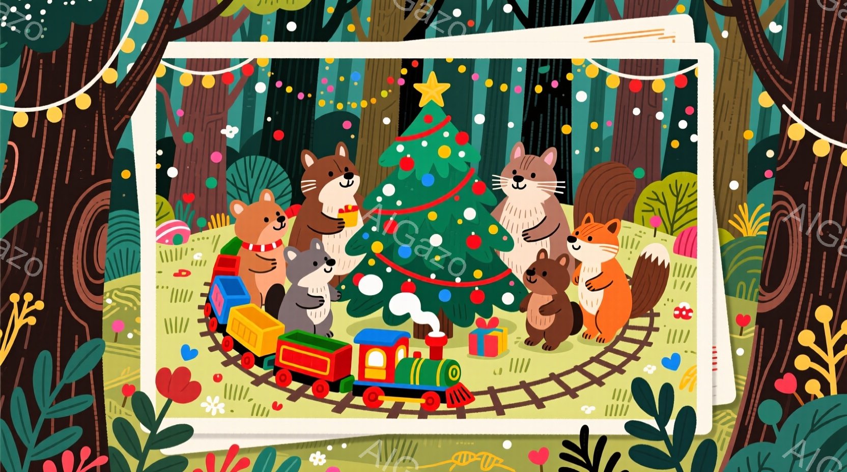 カラフルなイラストには、クリスマスのツリーを背景に、動物たちが列車に乗っている様子が描かれています。それぞれの動物は笑顔で、楽しそうな表情をしています。背景には緑豊かな植物やギフトボックスが配置され、 - AI生成フリー素材
