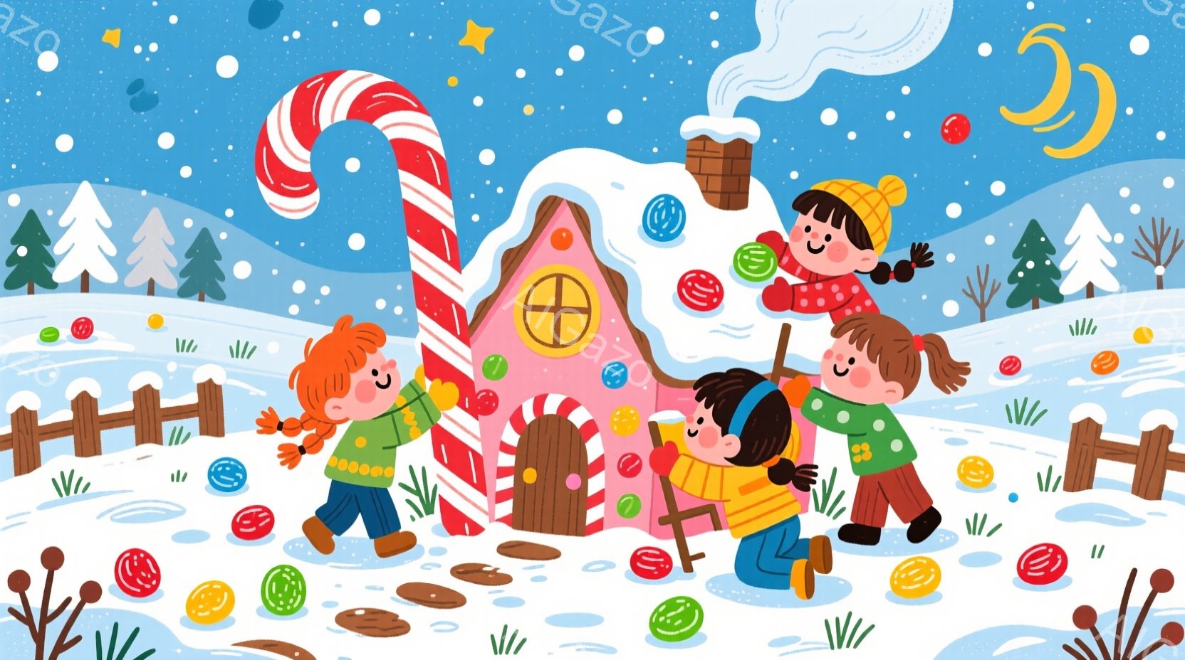 暖炉から煙が立ち上る、お菓子の家を背景に、三人の子供たちが雪の中で楽しそうに遊んでいます。それぞれ赤い髪で帽子を被り、笑顔で雪玉やキャンディのようなお菓子を集めています。背景には松の木やフェンスがあり、雪が舞う冬の楽しい雰囲気が漂っています。