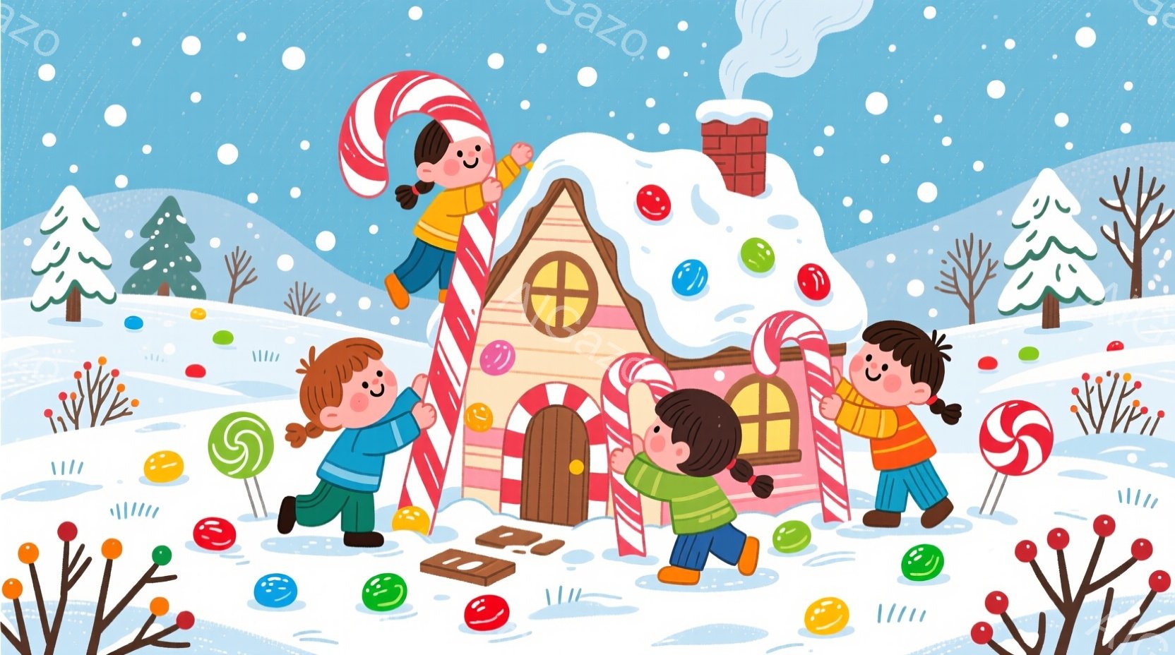 雪景色の中に、お菓子の家があり、その周りを数人の子供たちが楽しそうに走り回っています。子供たちは皆、茶色の髪で、赤い服を着ており、笑顔でキャンディーやチョコレートを拾っています。背景には、雪をまとった木々があり、暖かく、楽しいクリスマスの雰囲気を醸し出しています。