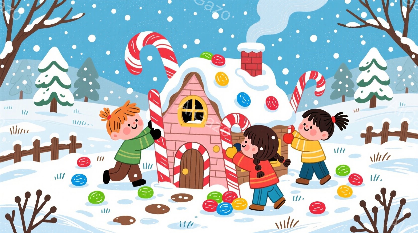暖炉から煙が出ているお菓子の家を中心に、三人の子供たちが楽しそうに走り回っています。子供たちはそれぞれ異なる色の服を着ており、髪型も異なり、顔には笑顔が浮かんでいます。背景には雪が降り積もり、松の木やフェンスが見え、全体的に暖かく、幸せなクリスマスの雰囲気が漂っています。