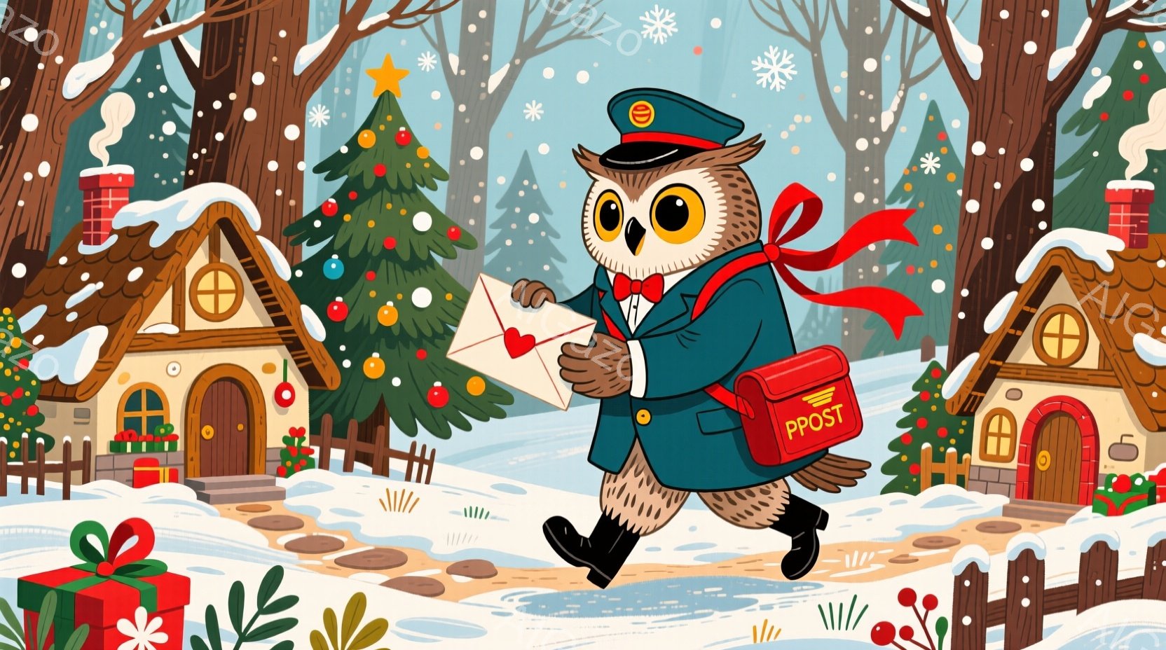 雪が降り積もる冬の風景の中に、郵便配達員のフクロウが描かれています。フクロウは青い制服、黒いブーツ、赤いスカーフを身につけ、手にはハートの模様が入った手紙を持っています。背景には、雪で覆われた可愛らしい家々やクリスマスツリーが見え、温かく幻想的な雰囲気を醸し出しています。