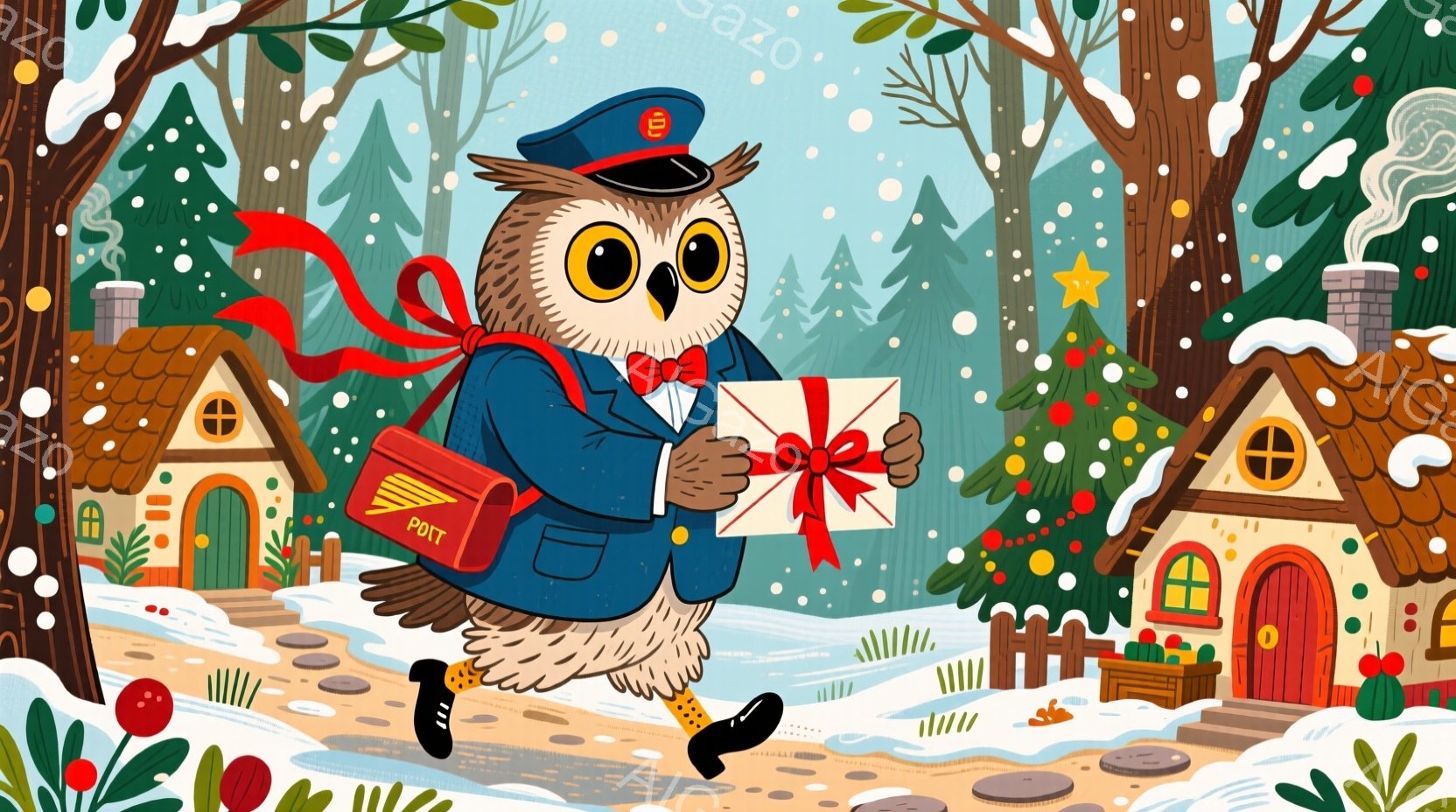 フクロウの郵便配達員が、プレゼントの箱を抱えて雪道を走っています。彼は紺色の制服に赤い帽子をかぶり、肩には赤い「POST」と書かれた郵便バッグをかけています。背景には、雪をかぶった可愛らしい家々が並び、クリスマスの飾り付けがされ、冬の暖かく、お祝いムードが漂っています。