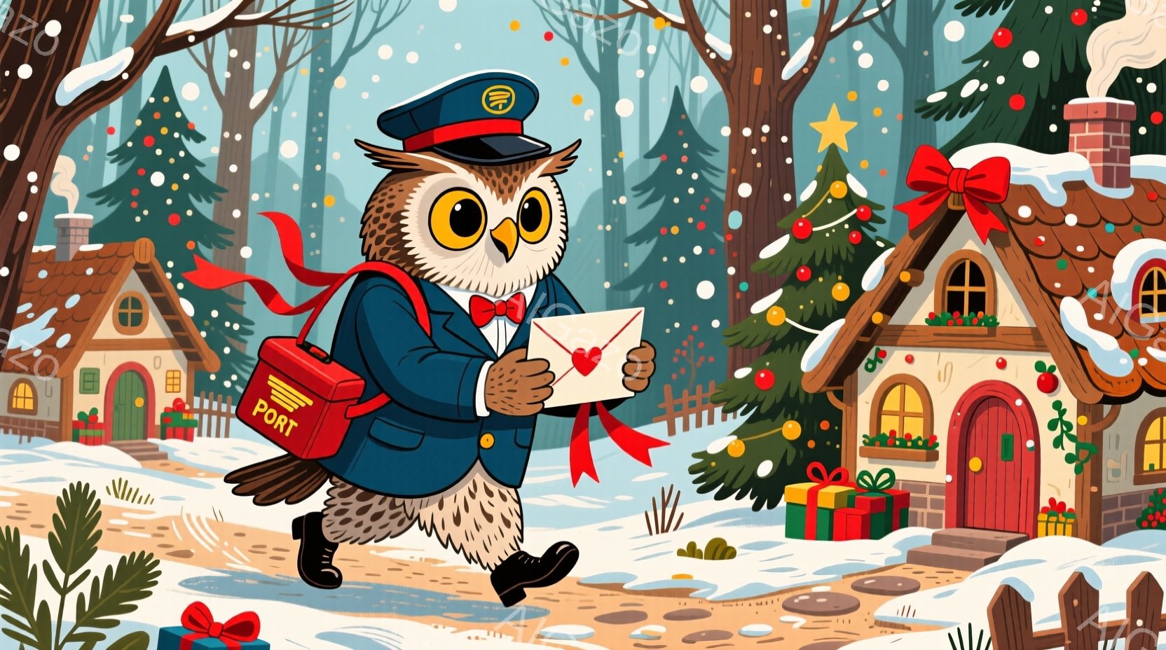 ふわふわの茶色のフクロウが、赤い郵便配達員の制服を着て、手紙を持って走っています。背景には雪景色の中の可愛らしい家々が並び、クリスマスの飾り付けがされています。全体的に暖かく、お祝いムードにあふれた、 - AI生成フリー素材