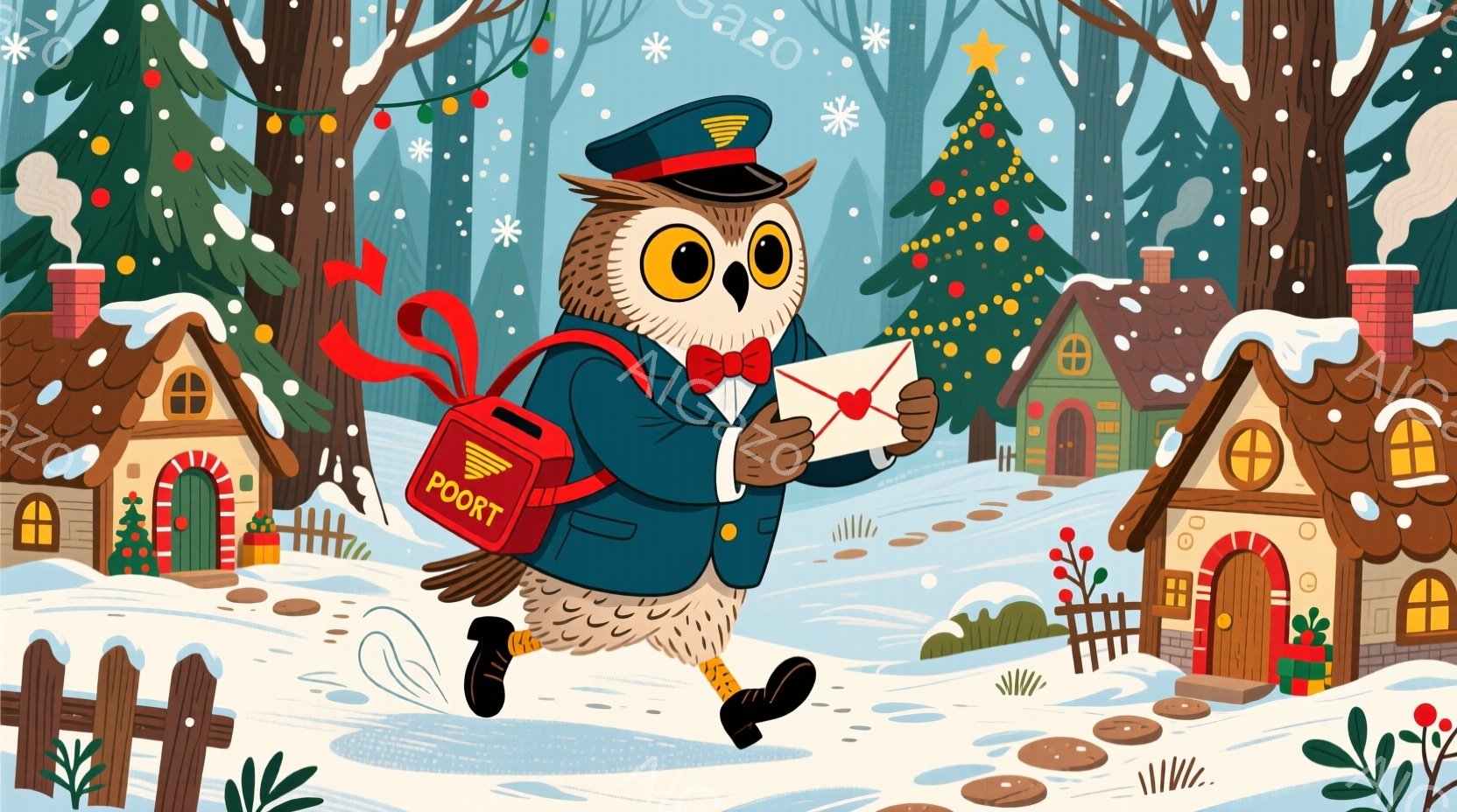 雪が降る森の中を、郵便配達員のフクロウが走り去っています。赤い郵便鞄には「POST」と書かれ、手には手紙を持っています。背景には、クリスマスの飾り付けがされた可愛らしい家々が並び、暖かくお祝いムードに包まれています。