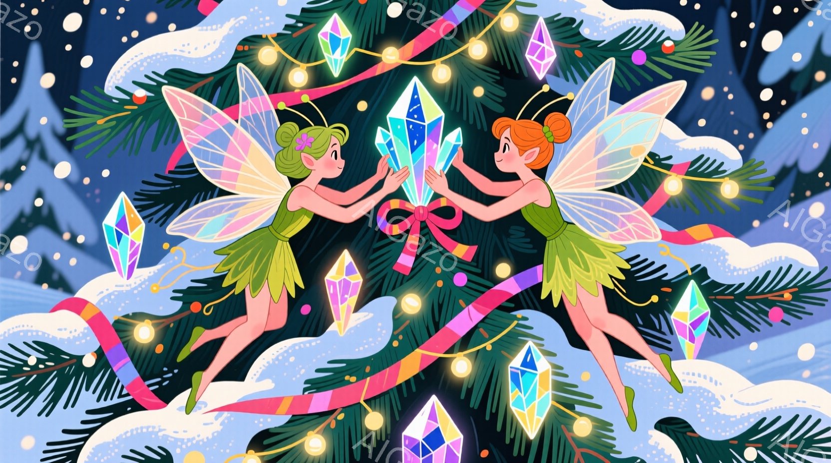 鮮やかな緑色のドレスを着た二人の妖精が、クリスマスツリーの周りで光り輝く水晶のような飾りを掲げています。彼女たちは赤毛をポニーテールにし、満面の笑みを浮かべており、お互いに協力して飾りを支えている様子 - AI生成フリー素材