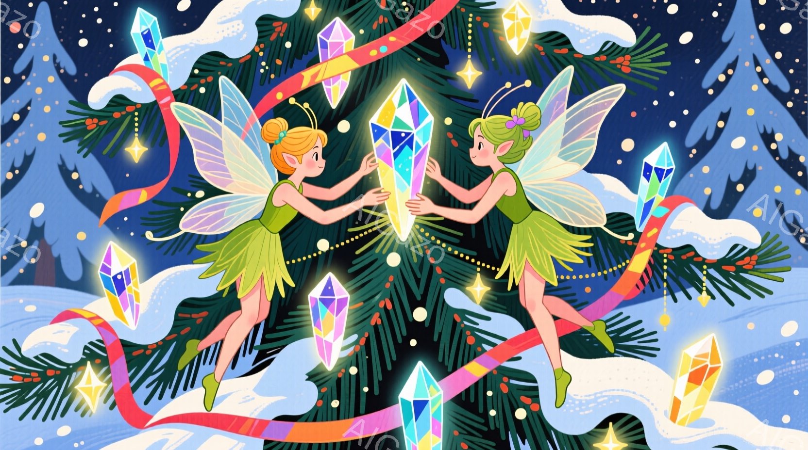 緑色のドレスを着た二人の妖精が描かれています。彼女たちはそれぞれ光る水晶のような物体を持っており、体を少し傾けながら互いに向かい合って立っています。背景には針葉樹の森が広がり、雪が降っており、キラキラ - AI生成フリー素材