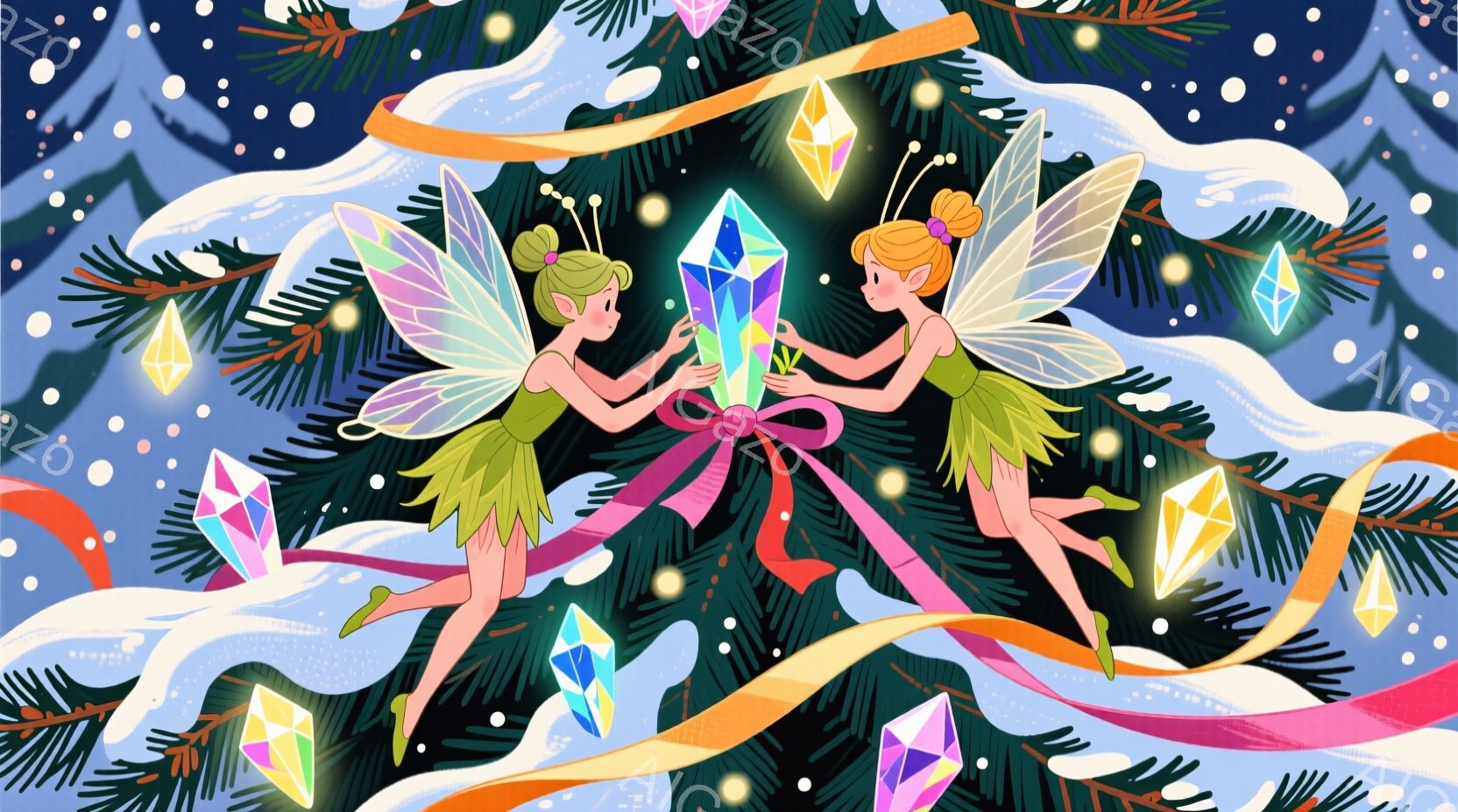 二人の妖精が、緑色のドレスと透明感のある羽を持って、クリスマスの飾り付けられたモミの木の前で輝く水晶のような宝石を掲げています。彼女たちは明るい笑顔を浮かべ、互いに宝石を高く掲げるように協力しており、背景にはきらめくリボンと雪が舞い散る夜空が広がっています。全体的に、祝祭的で幻想的な雰囲気が漂い、温かく幸せなクリスマスの情景が表現されています。