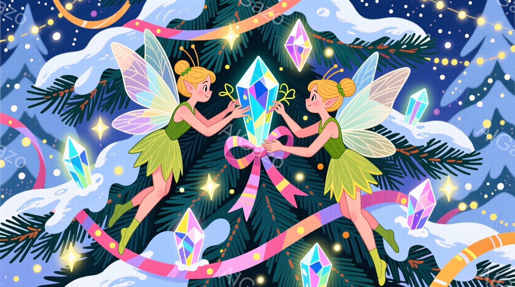 二人の妖精が緑色のドレスを着て、キラキラと輝くクリスタルを手に持っています。彼女たちは互いに向き合い、クリスタルを中央のピンクのリボンに近づけようとしています。背景には暗い緑の葉、光るクリスタル、そし - AI生成フリー素材