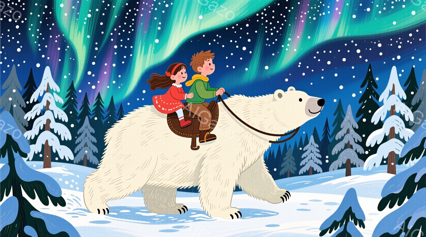 雪に覆われた森の中で、一人の少年と少女が、大きな白熊に乗って進んでいます。少年は茶色の髪で、赤いセーターを着ており、少女は赤いコートを着て、三つ編みヘアです。背景には雪をまとった木々が立ち並び、オーロラが夜空を彩る幻想的な光景が広がっています。