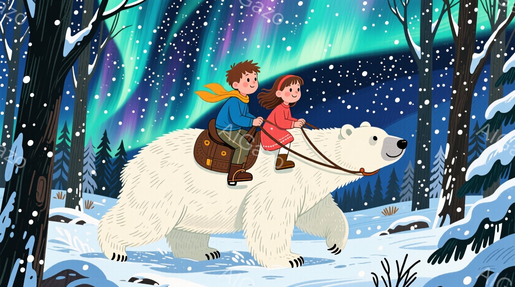 雪に覆われた森の中を、少年と少女が白くまに乗って進んでいる。少年は茶色の髪で、青いセーターとズボンを着用し、少女は赤毛でピンクの服を着ており、二人とも笑顔で冒険を楽しんでいるようだ。背景には雪をまとった木々が立ち並び、夜空にはオーロラが輝き、幻想的で温かい雰囲気を醸し出している。