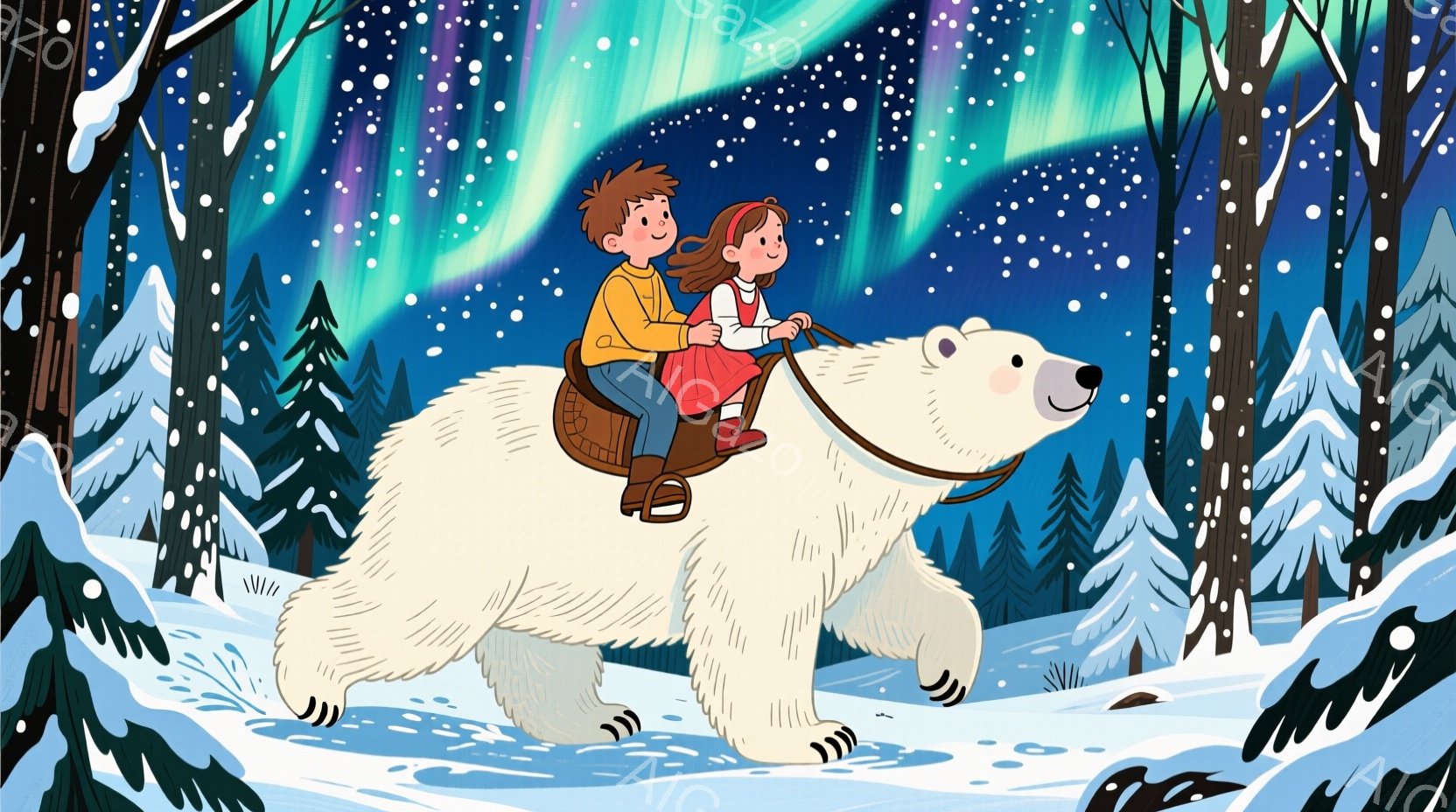 少年と少女が、大きな白いクマの背中で雪の中を駆け抜けている。少年は茶色の髪で、少女は赤毛を三つ編みにしている。背景には雪に覆われた木々と、オーロラのような美しい光が広がり、幻想的な冬の雰囲気を醸し出している。