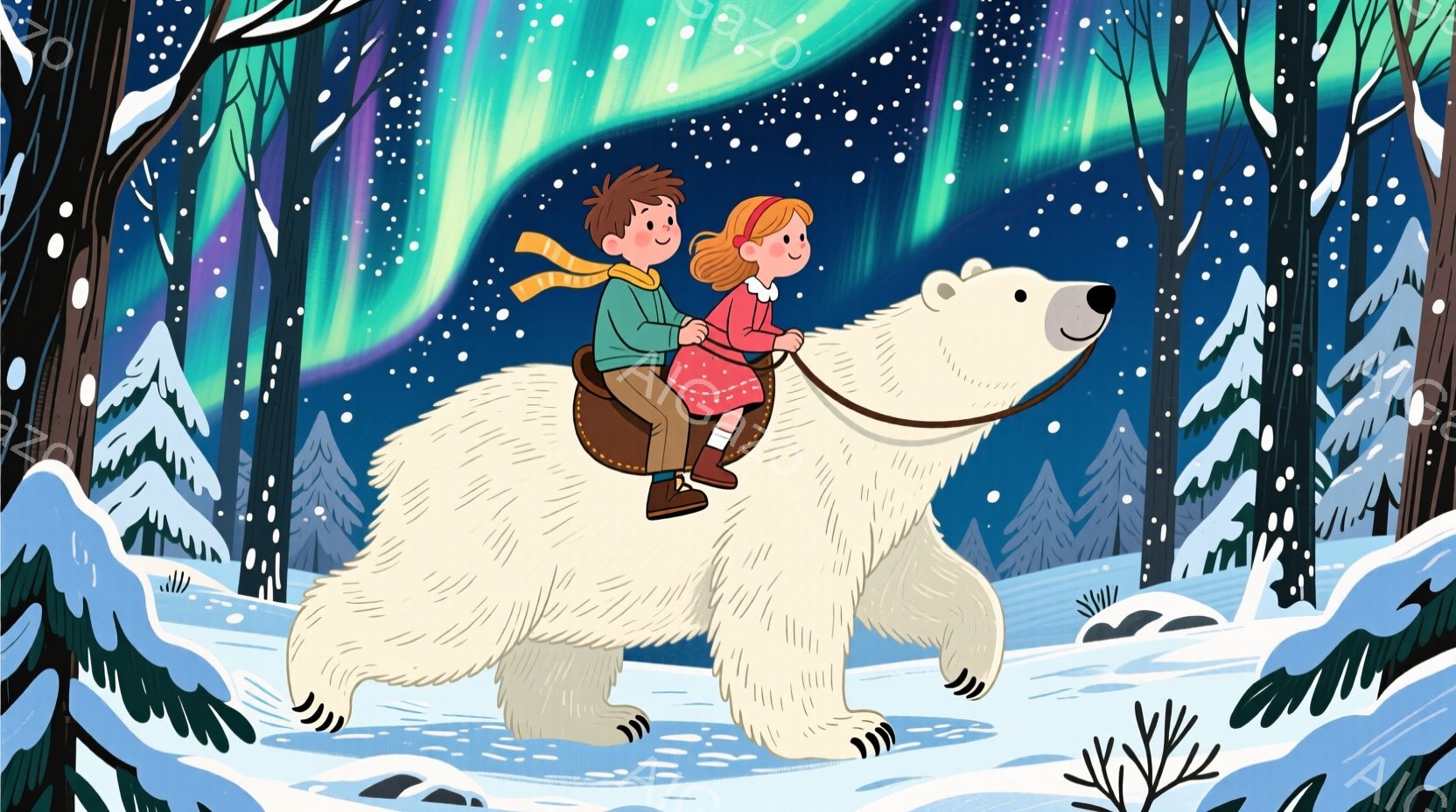 少年と少女が、大きな白熊の背中に乗って雪の中を駆け抜けている。少年は赤いセーターと茶色のズボンを着用し、少女はピンクのコートと黒いブーツを履いており、二人とも楽しそうな表情を浮かべている。背景には雪に覆われた木々と、オーロラのような光が広がり、幻想的で暖かい雰囲気を醸し出している。
